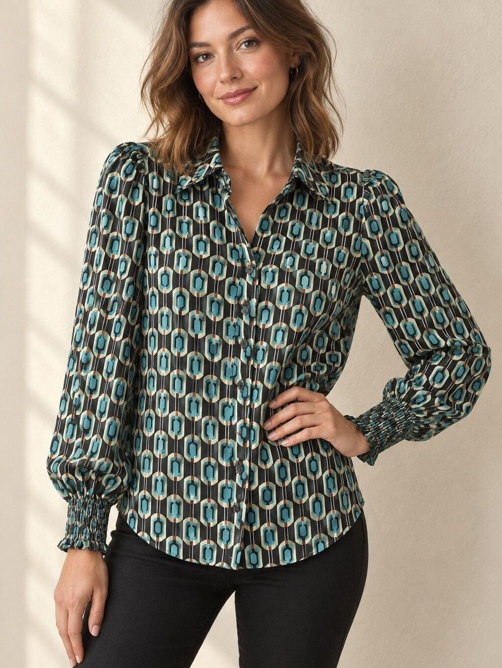 Tamara H. Teal Geometric Gold Metallic Thread Button-Down Blouse Size Small